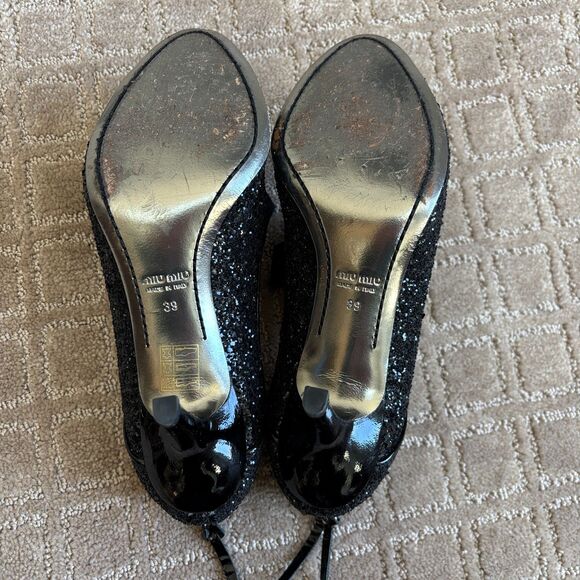 Miu Miu Glitter-Covered Leather Peep-Toe Oxford Pumps Women's 39 Black Italy - Picture 9 of 10
